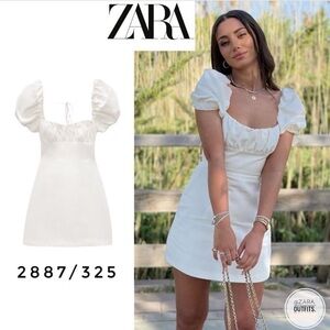 Zara white linen blend short balloon sleeve strappy open back babydoll dress XL